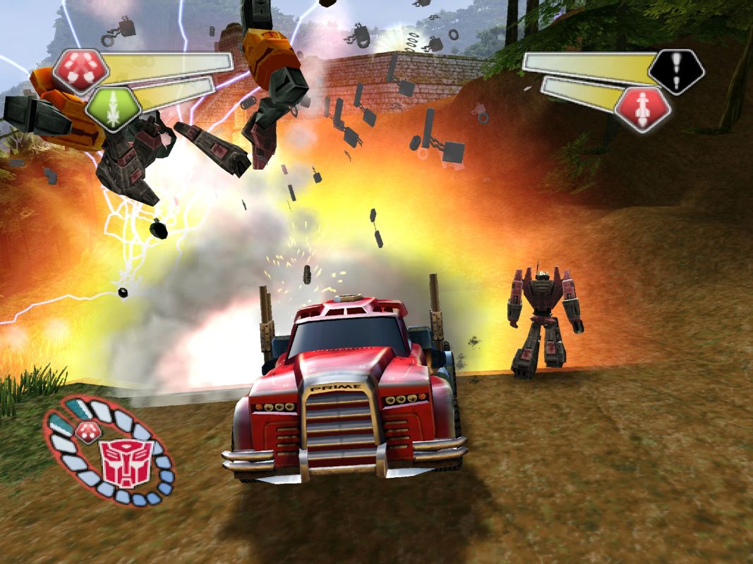 TransFormers (PlayStation 2) screenshot: Use vehicle mode to mow-down Decepticlone forces.