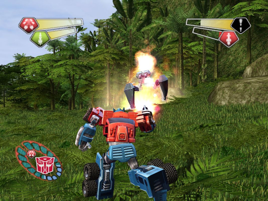 TransFormers (PlayStation 2) screenshot: Optimus returning fire at a Spider Tank.