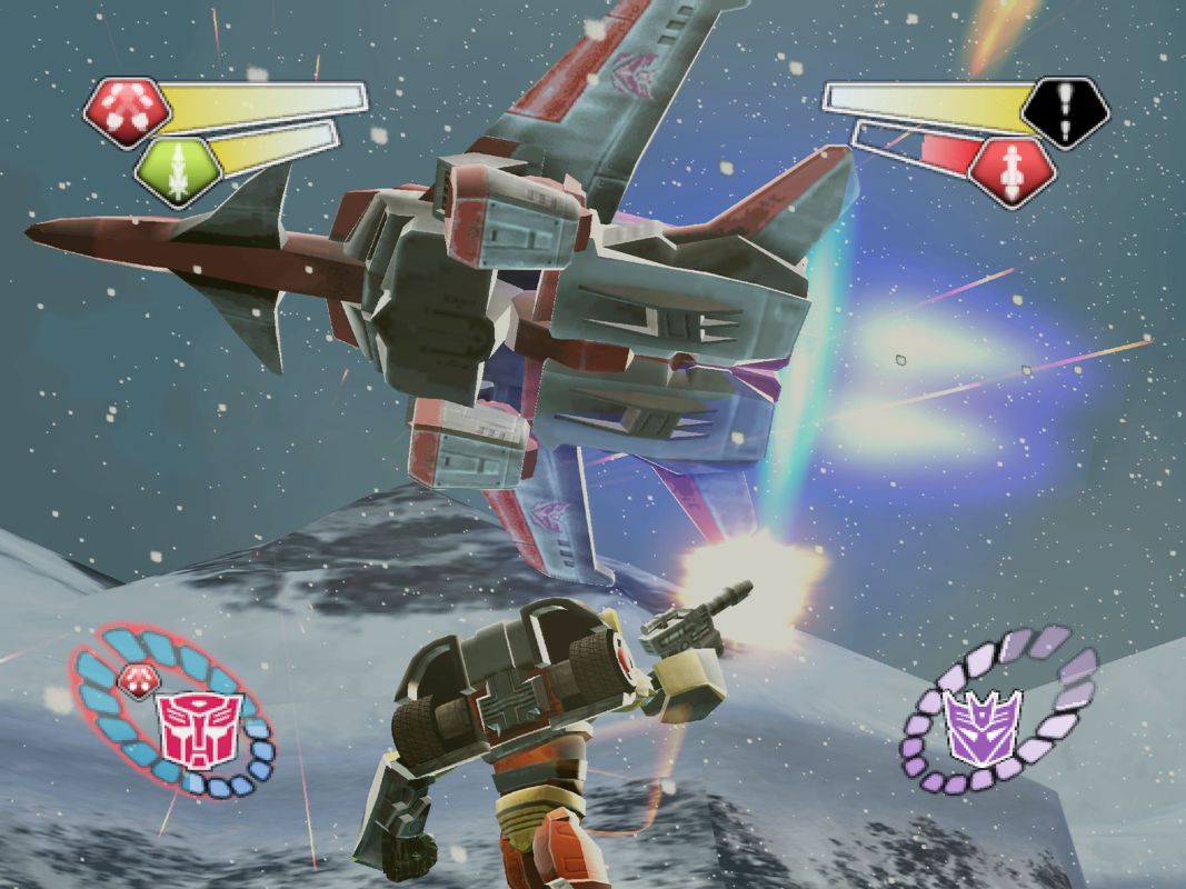 TransFormers (PlayStation 2) screenshot: Starscream taking flight during a battle with Hot Shot.