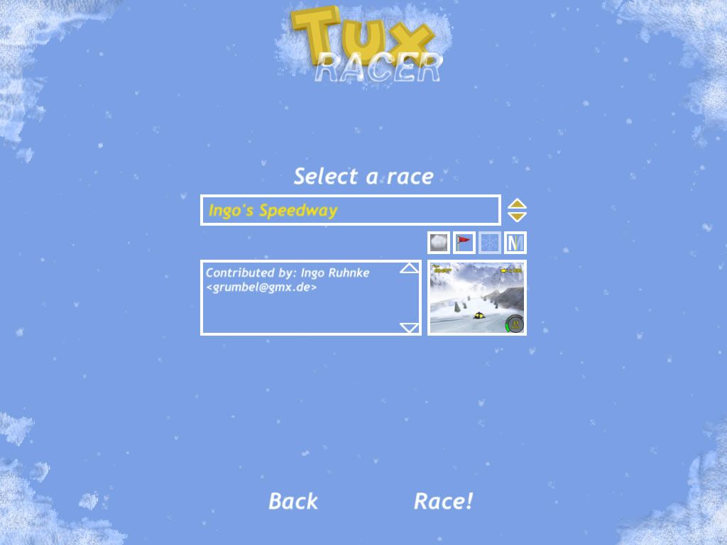 Tux Racer (Windows) screenshot: Practice on the default tracks or download custom tracks.