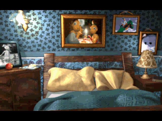 Twinsen's Odyssey (Windows) screenshot: In the opening sequence you get a tour around Twinsen's house, including his bedroom.