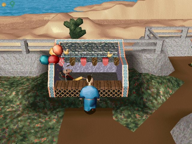Twinsen's Odyssey (Windows) screenshot: The temple of Bu has turned into some kind of theme park. Here you can shoot darts at ducks.