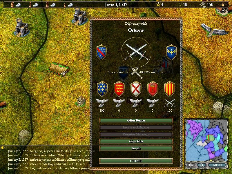 Two Thrones (Windows) screenshot: Diplomatic with Orleans