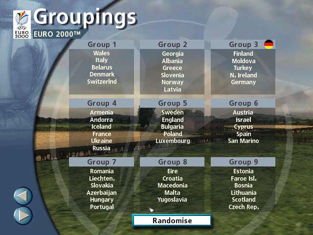 UEFA Euro 2000 (Windows) screenshot: the groupings