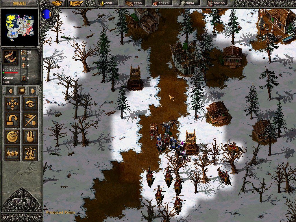 Tzar: The Burden of the Crown (Windows) screenshot: There is actually only one map that has a snow on it (in the story, not in skirmish or multiplayer mode), and it's suited in asian parts where you get to control ninjas.