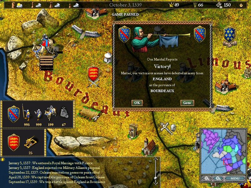 Two Thrones (Windows) screenshot: We won a battle over the English
