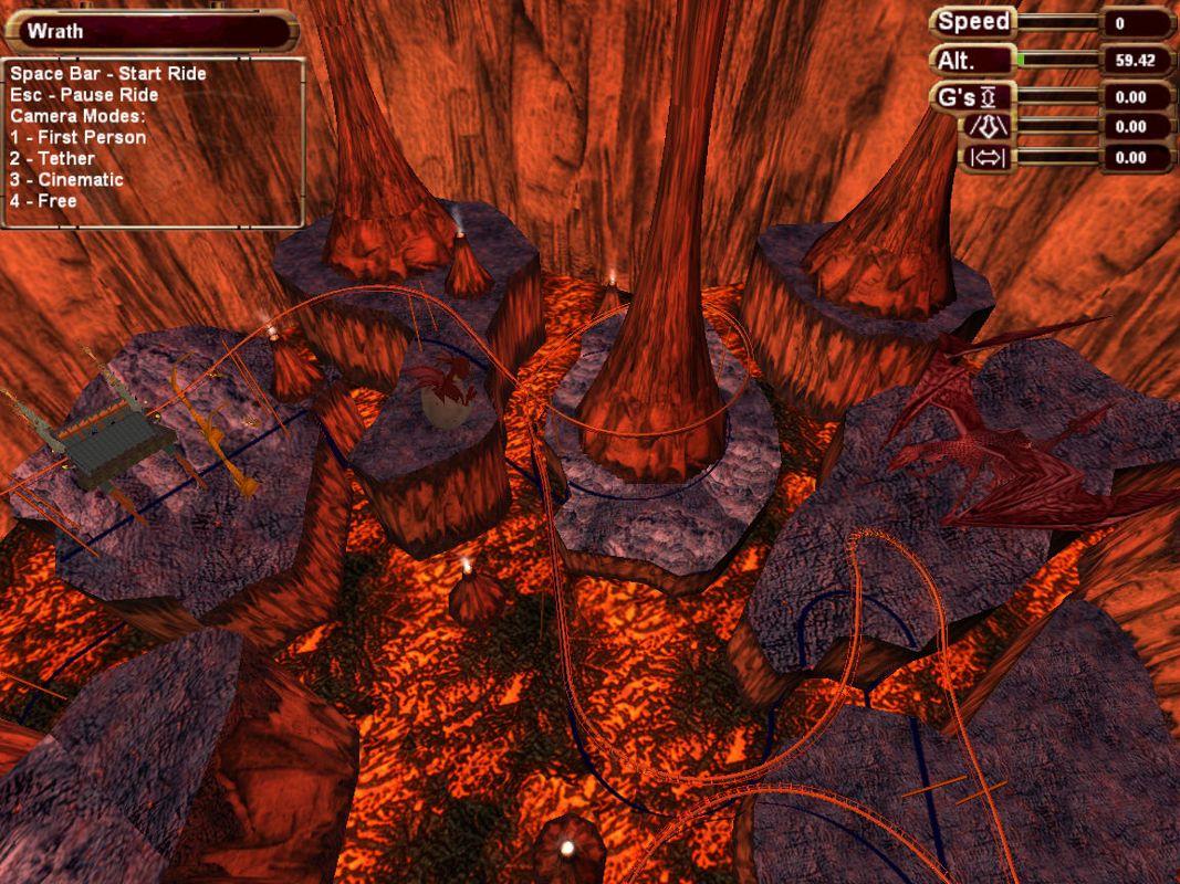Ultimate Ride (Windows) screenshot: The Wrath hanging coaster in a cavern full of lava