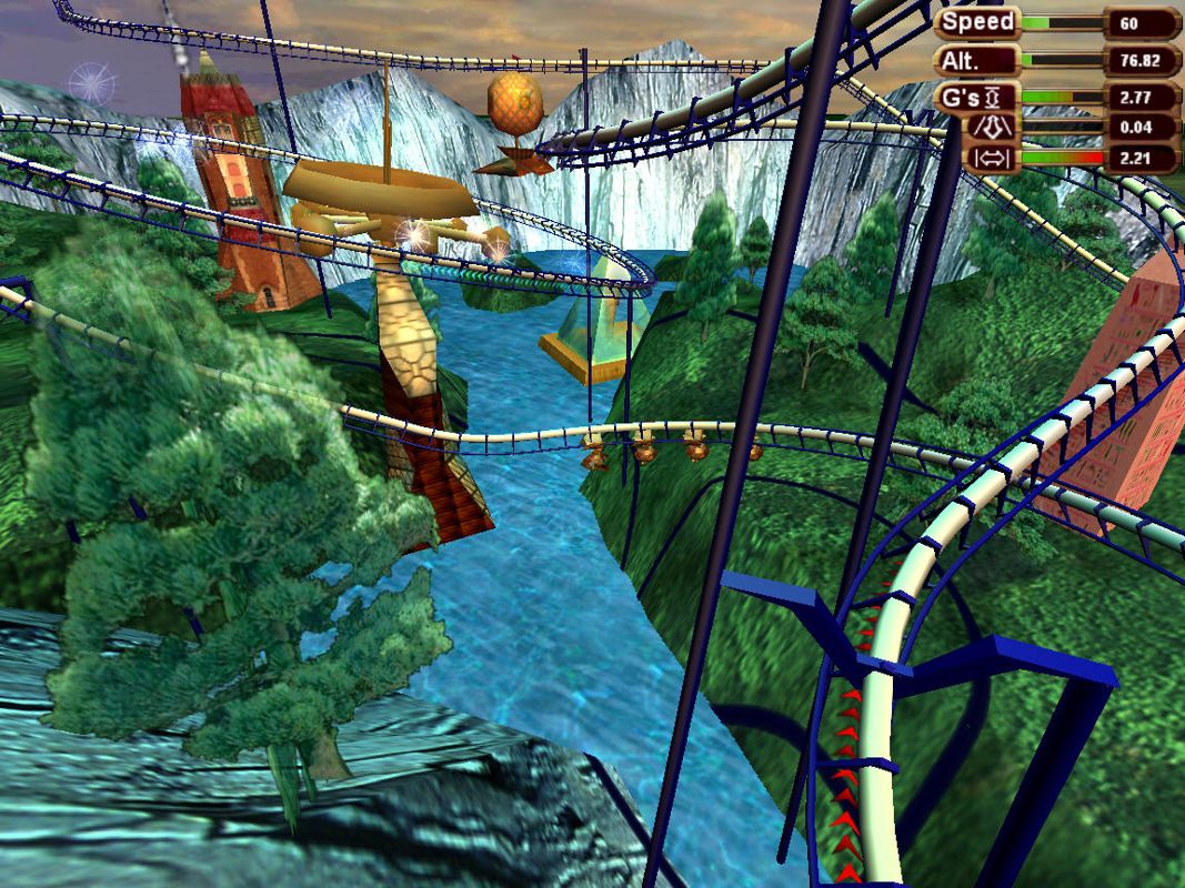 Ultimate Ride (Windows) screenshot: Riding the Blue Streak in tether mode.