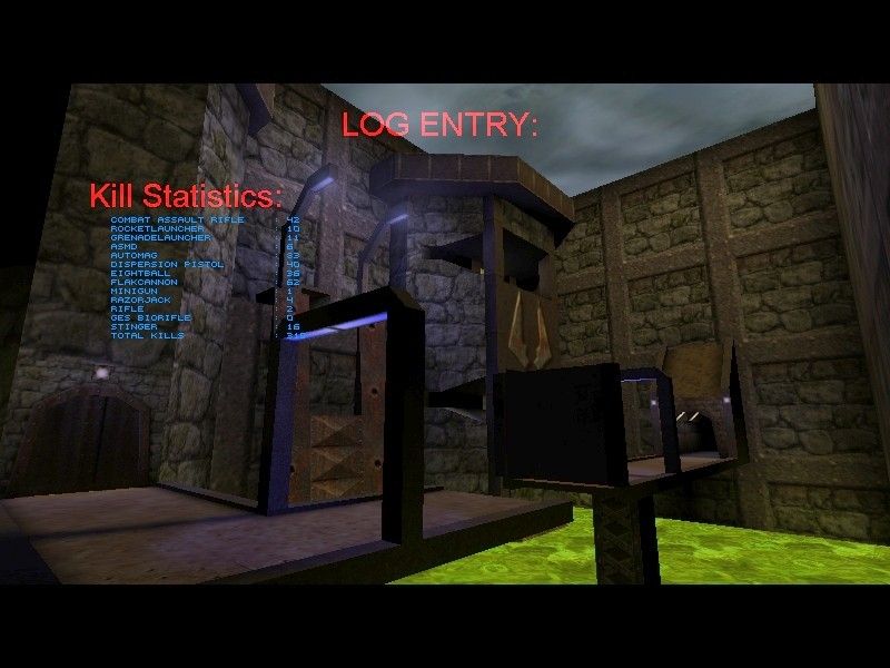 Unreal Mission Pack 1: Return to Na Pali (Windows) screenshot: At the end of each level, you see a log entry with your kill stats and hear a story update.