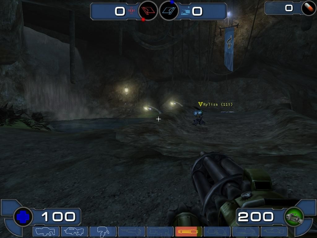 Unreal Tournament 2003 (Windows) screenshot: At my base, in a dark cavern.