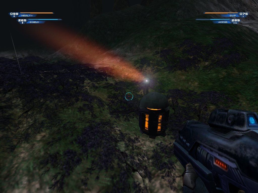 Unreal II: The Awakening (Windows) screenshot: It's dark out; luckily they set up beacons to guide me to them.