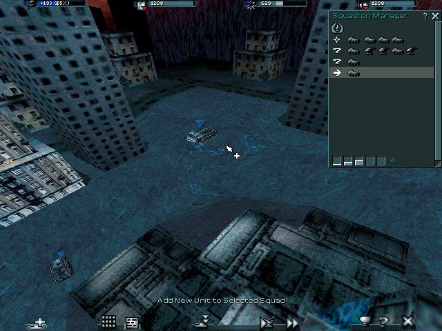 Urban Assault (Windows) screenshot: Creating a new squad of Fox light tanks from the central base. You can view from your central base or its gun turrets, or Jump into any war machines you a create.