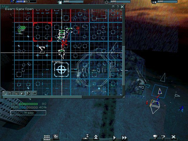 Urban Assault (Windows) screenshot: Heavy combat, near a jumpgate, in a Wasp chopper, with the automap up.