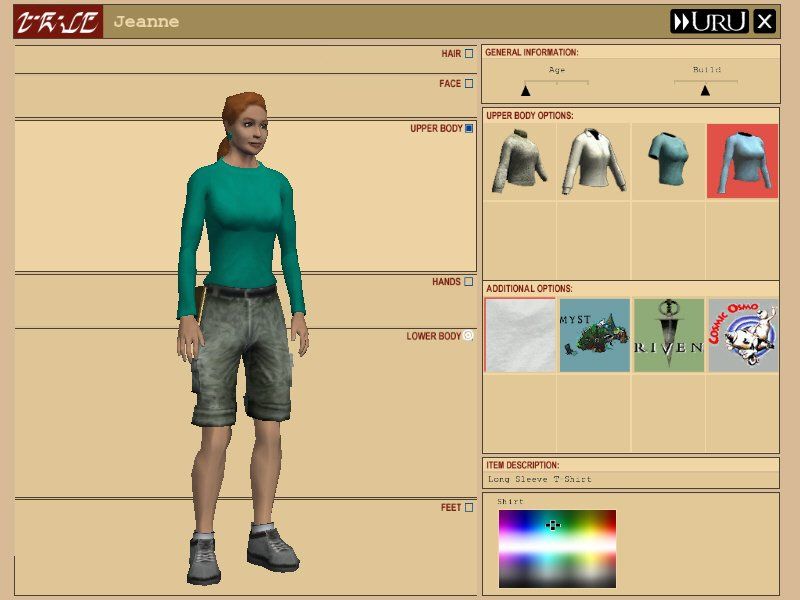 Uru: Ages Beyond Myst (Windows) screenshot: Configure your avatar with various hairstyles, clothes and even skin color.