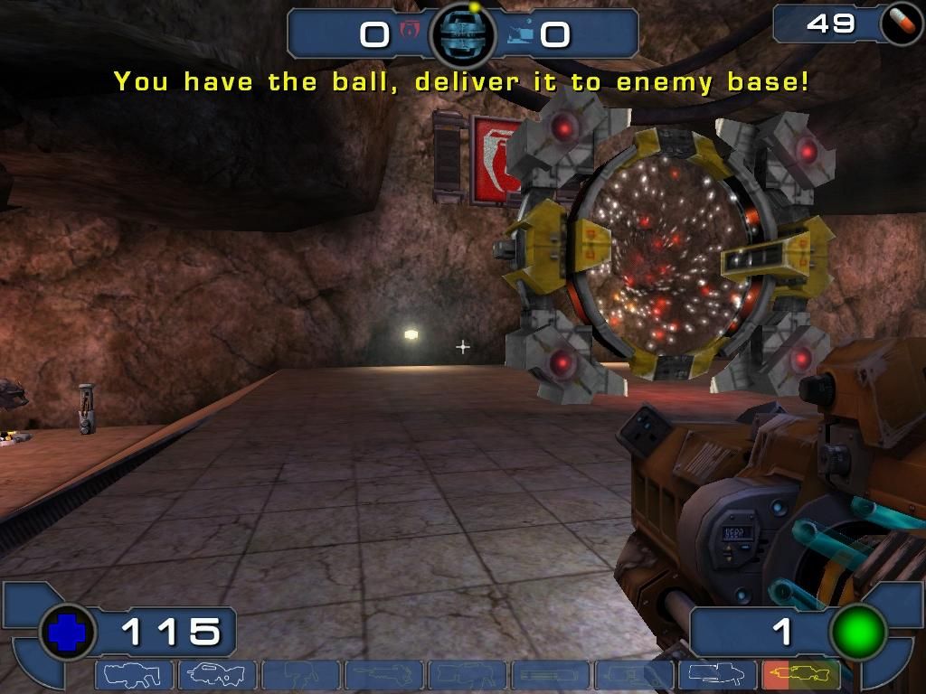 Unreal Tournament 2003 (Windows) screenshot: There's the goal, and with 115 health, I'll surely make it.