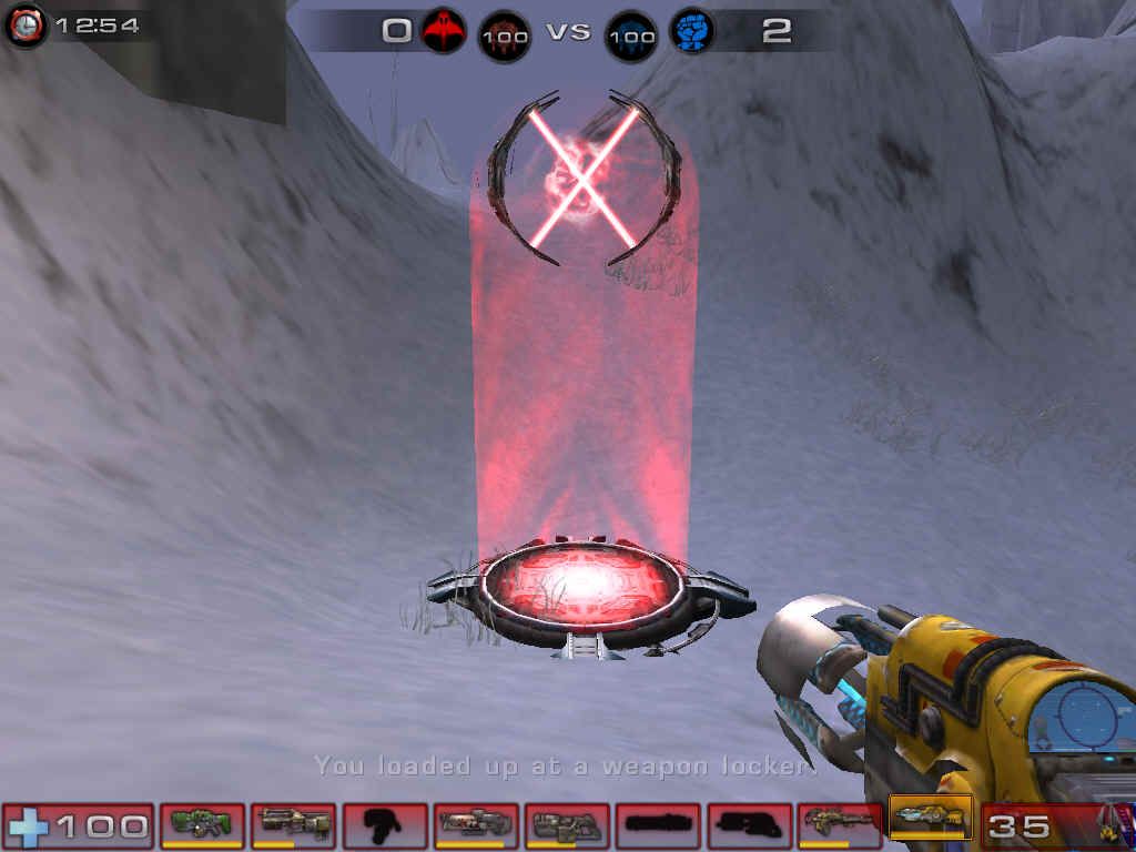 Unreal Tournament 2004 (Windows) screenshot: This is a power node; if it's red, it belongs to the red team, and blue belongs to the blue team.