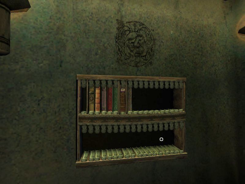 Uru: Ages Beyond Myst (Windows) screenshot: In Relto, your home base, select the ages from this bookshelf.