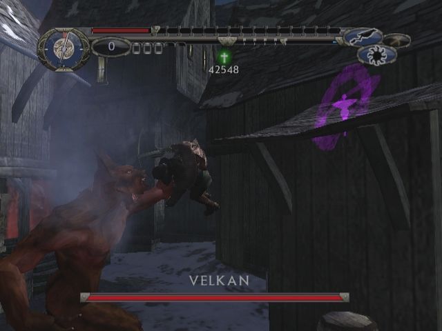 Van Helsing (PlayStation 2) screenshot: Velkan grabs Van Helsing as if he were a doll.