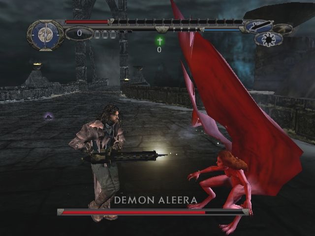 Van Helsing (PlayStation 2) screenshot: Aleera is blasted by Van Helsing's gatling gun.