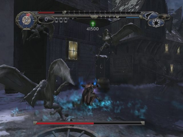 Van Helsing (PlayStation 2) screenshot: Van Helsing fights Gargoyles in Vaseria Village