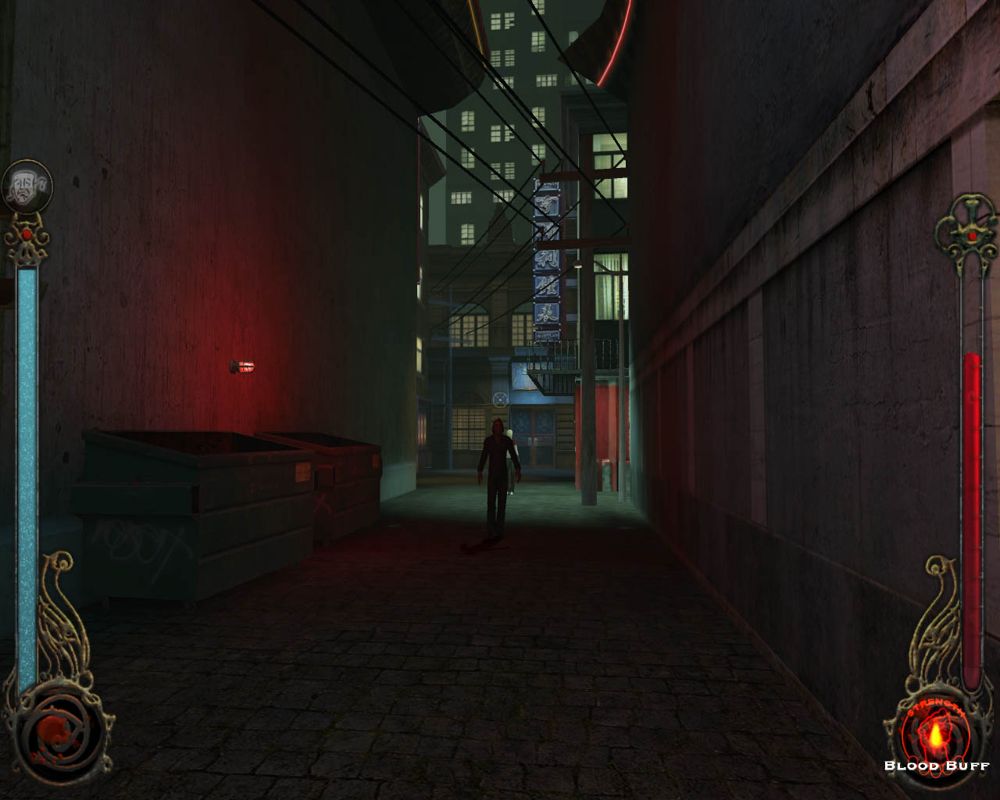 Vampire: The Masquerade - Bloodlines (Windows) screenshot: To go along with those big buildings, there are many dark alleys. Fortunately, you're a vampire