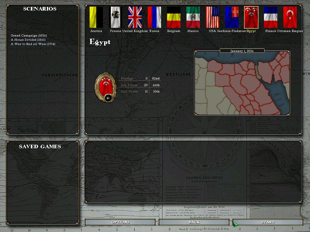 Victoria: An Empire Under the Sun (Windows) screenshot: Selecting a scenario and nation