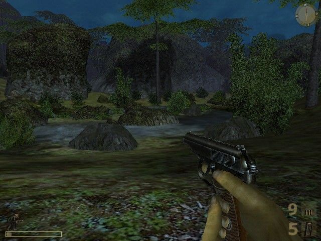 Vietcong (Windows) screenshot: Paying as vietnamese, which you can see from that small character figure at the bottom right of the screen which represents your current body position.