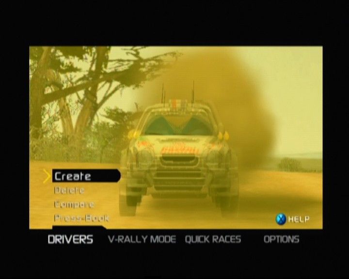 V-Rally 3 (Xbox) screenshot: Main menu with dynamic in-game background