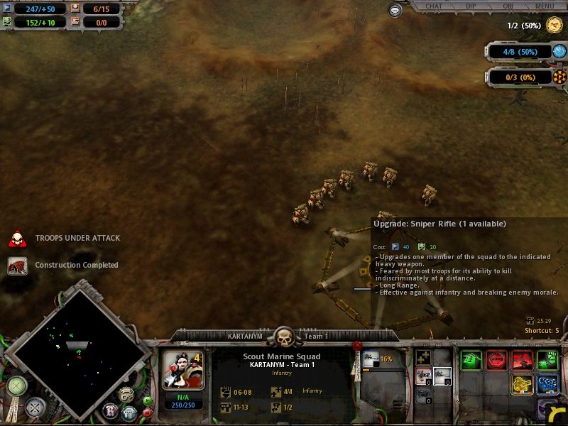 Warhammer 40,000: Dawn of War (Windows) screenshot: All units can be upgraded over time. Scouts here can gain sniper rifles