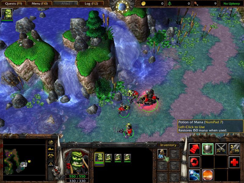 WarCraft III: Reign of Chaos (Windows) screenshot: Terrain is fully 3D, which allows some use of neat functions, like leaving watermarks as you run over the stream.