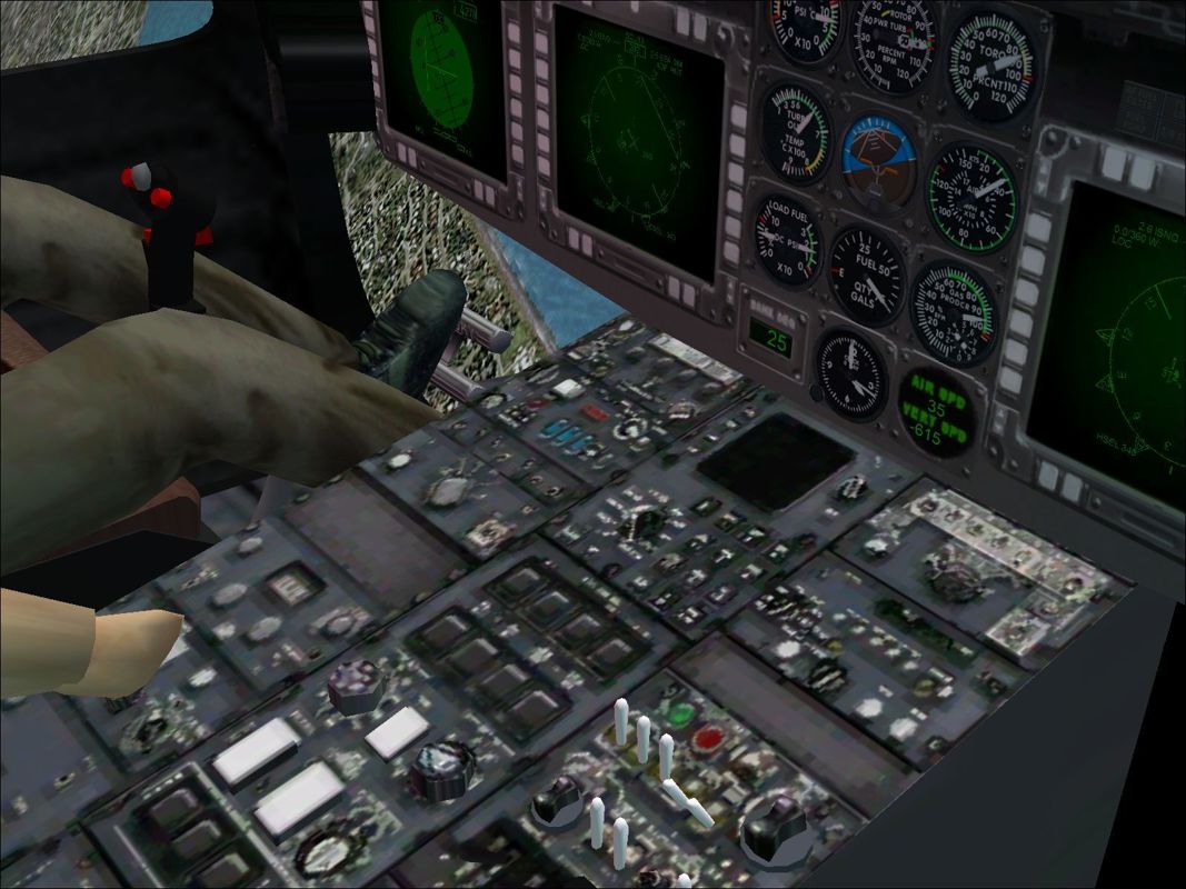 Combat Collectors: Second Edition (Windows) screenshot: The central console of the Sikorsky MH-60K Nighthawk in virtual cockpit mode