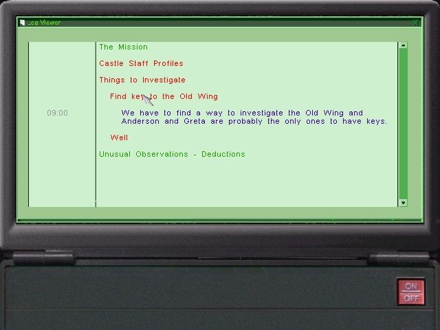 The Watchmaker (Windows) screenshot: Your PDA records notes as you go along