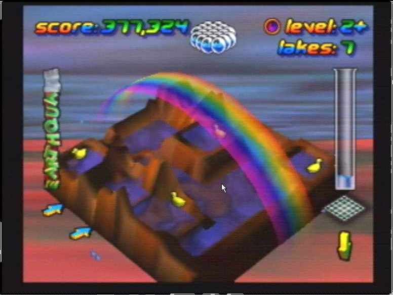 Wetrix (Nintendo 64) screenshot: Ducks + Water + Rainbow + Multiple lakes = POINTS!
