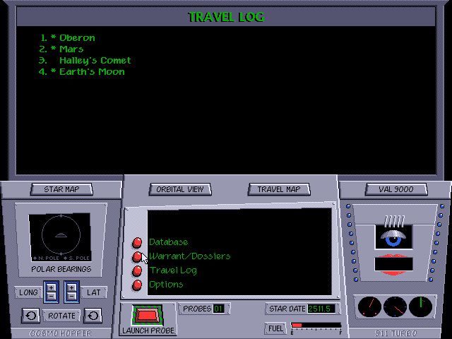 Where in Space Is Carmen Sandiego?: Deluxe (DOS) screenshot: Travel Log