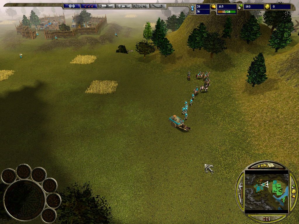 Warrior Kings (Windows) screenshot: Your first mission - protecting the supply wagons and farms.