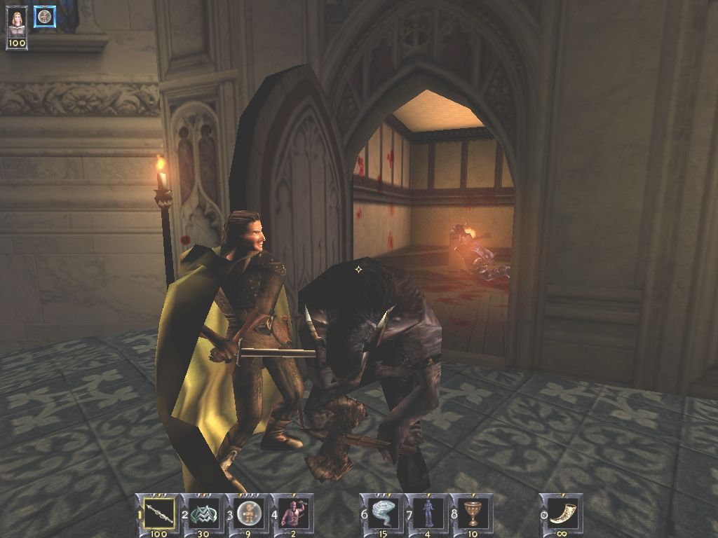 The Wheel of Time (Windows) screenshot: A Warder helpfully disembowels a nasty Trolloc for you