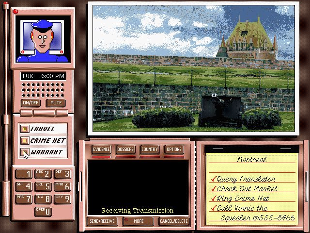 Where in the World Is Carmen Sandiego? (Deluxe Edition) (DOS) screenshot: Warren the Warrant Robot says "hello"