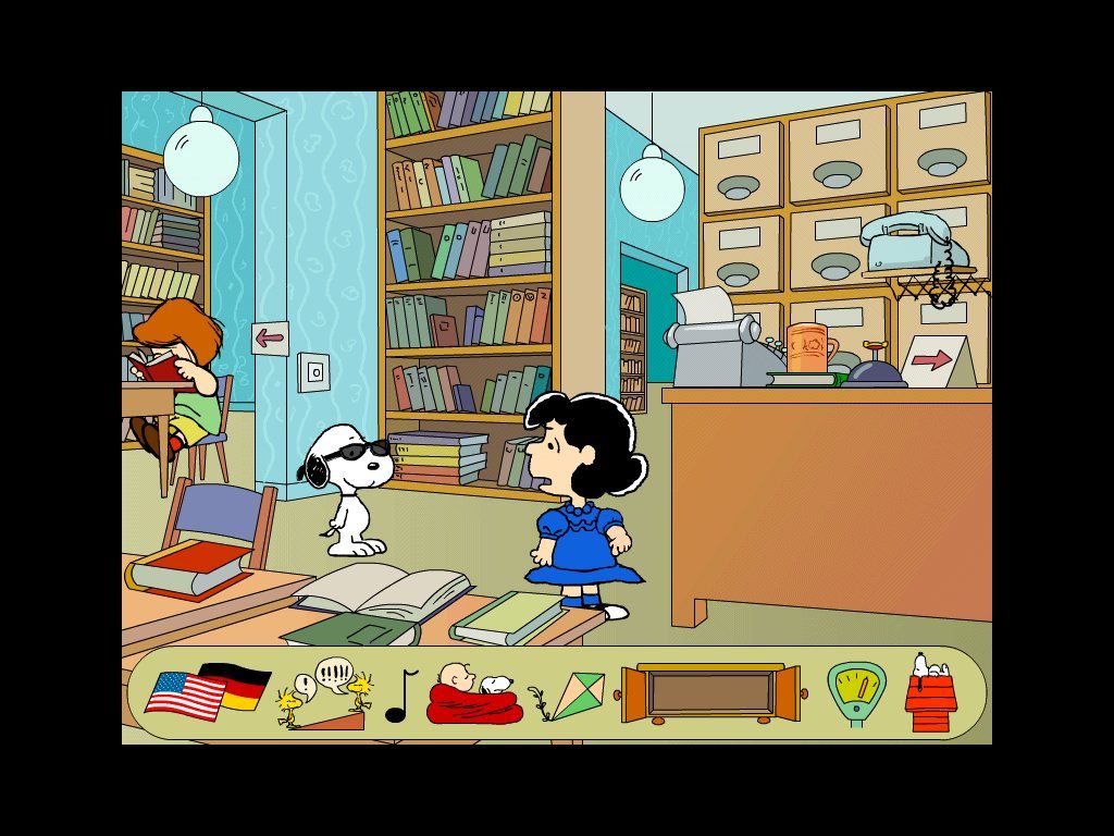 Where's the Blanket Charlie Brown? (Windows) screenshot: Sonnpy in the Library