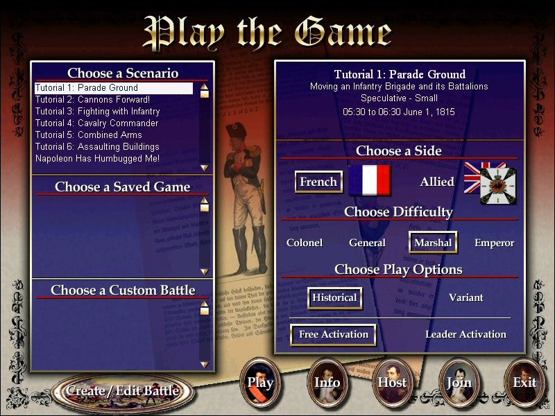 Waterloo: Napoleon's Last Battle (Windows) screenshot: Scenario selection screen