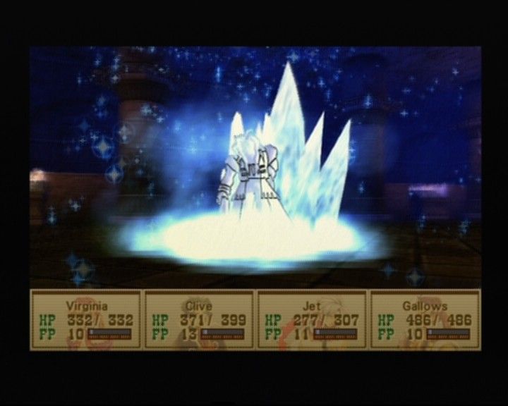 Wild Arms 3 (PlayStation 2) screenshot: Enemy's using refrigerate on Gallows, luckily your party members can take such attacks rather lightly