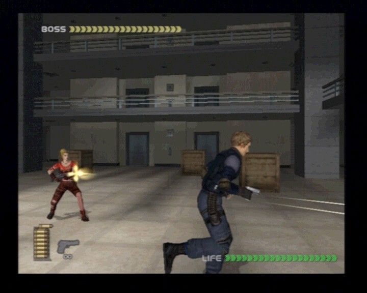 WinBack: Covert Operations (PlayStation 2) screenshot: One of the first boss fights, first one to reach zero on the health bar loses.