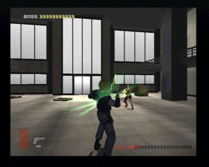 WinBack: Covert Operations (PlayStation 2) screenshot: Pow! Right in the chest, but there's still chance for victory as there are many medkits around in boss battles.