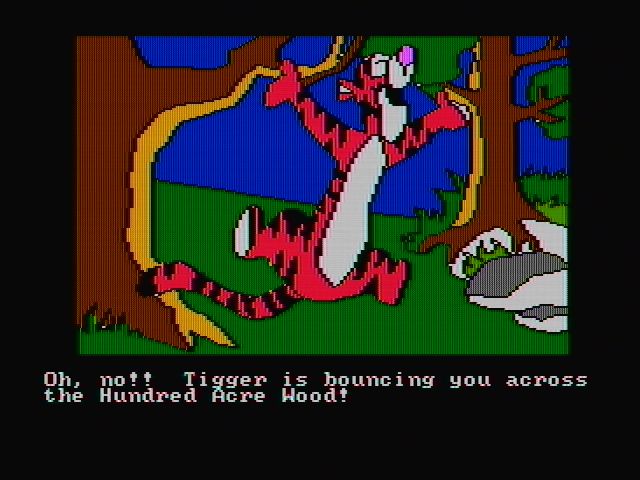 Winnie the Pooh in the Hundred Acre Wood (DOS) screenshot: Tigger can bounce you across the wood (CGA composite mode)