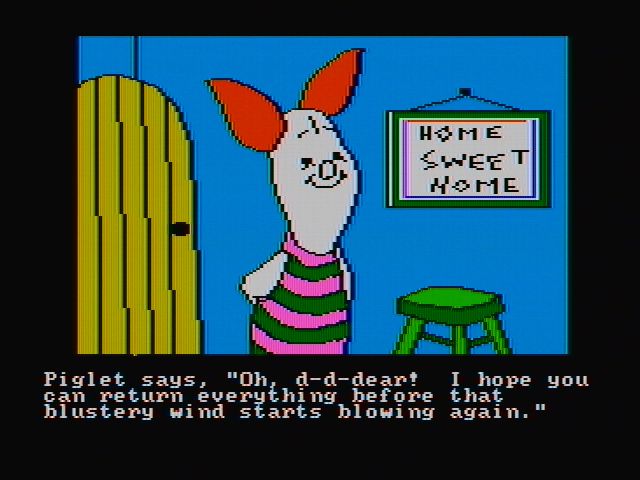 Winnie the Pooh in the Hundred Acre Wood (DOS) screenshot: Talking to piglet (CGA composite mode)