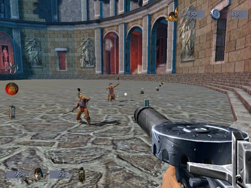 Will Rock (Windows) screenshot: Time to show these gladiator wannabes how a machinegun works.