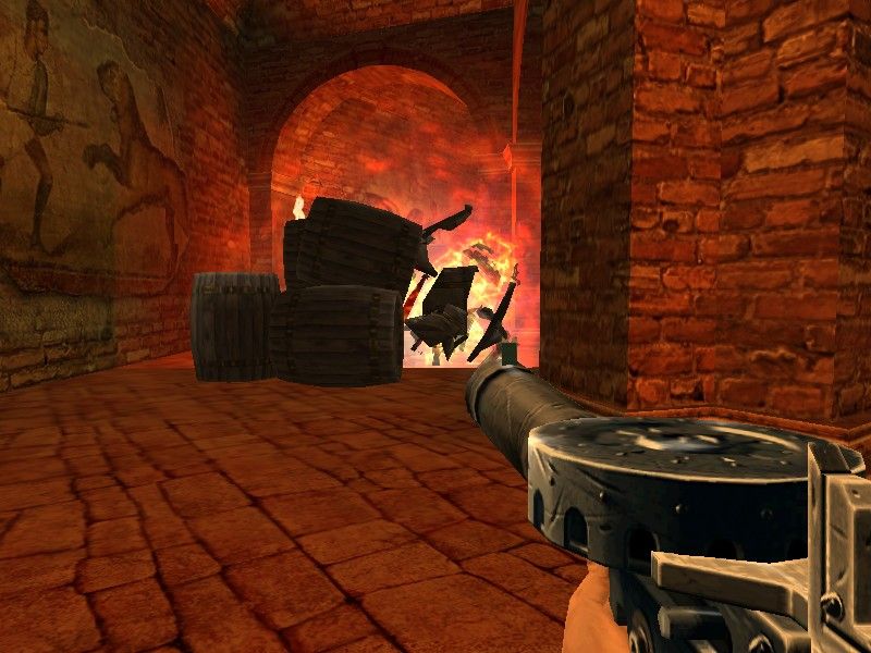 Will Rock (Windows) screenshot: Barrels explode when you shoot them. It's what they do. Everyone knows that.
