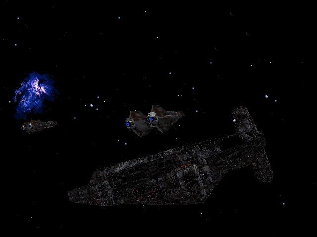 Wing Commander IV: The Price of Freedom (DOS) screenshot: Two "Avenger" at the "TCS Lexington's" wreck