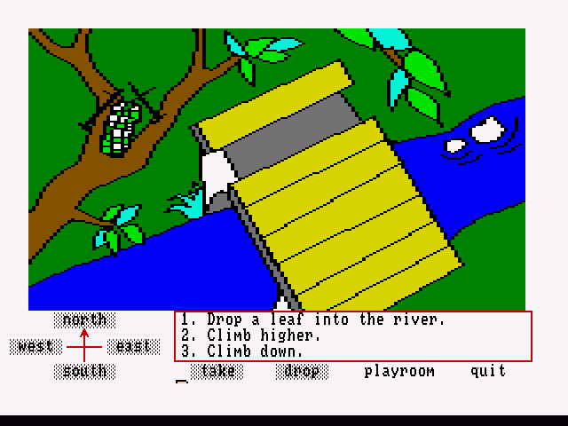 Winnie the Pooh in the Hundred Acre Wood (Amiga) screenshot: Up a tree looking down at the bridge