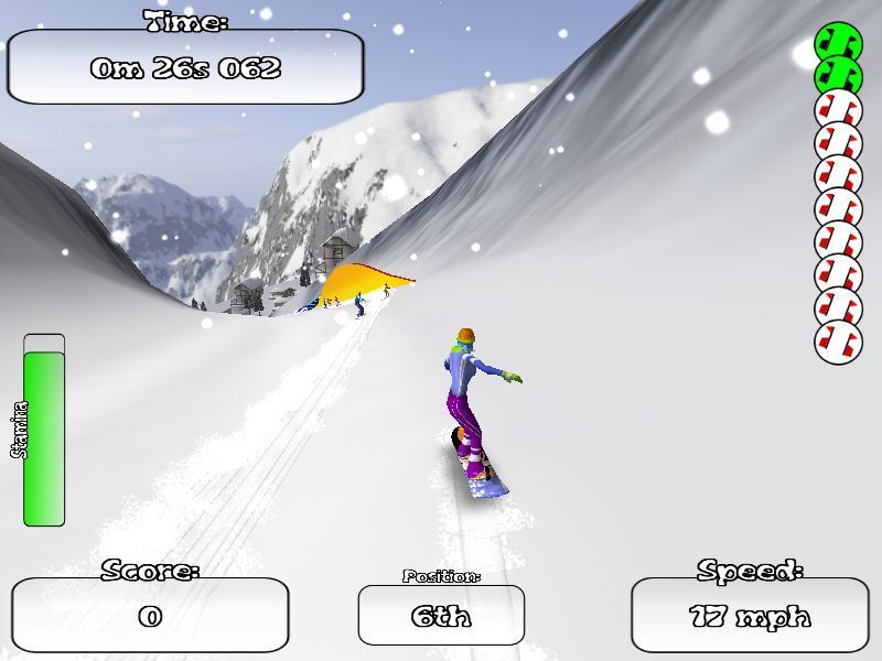 Extreme Snowboarding (Windows) screenshot: The yellow humpy thing ahead is a grid rail. Hit it right and the player can ride the rail and score points.