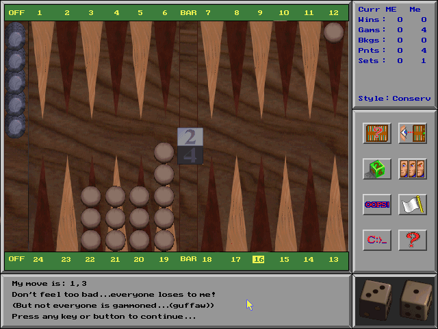Ultimate Backgammon (DOS) screenshot: Game Over!<br>I'm always suspicious when the AI rolls more doubles than me, but then backgammon is that kind of game - it does not breed good losers, or winners judging by the AI comment